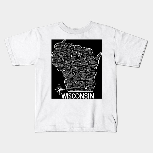 Wisconsin Map Kids T-Shirt by fiberandgloss